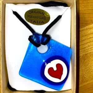 Original Murano Glass Blue Glass Pendant with Red Heart